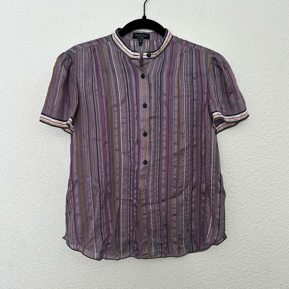 rag & bone Women's Size S Gray 100% Silk Striped Band Collar Button-Up Blouse